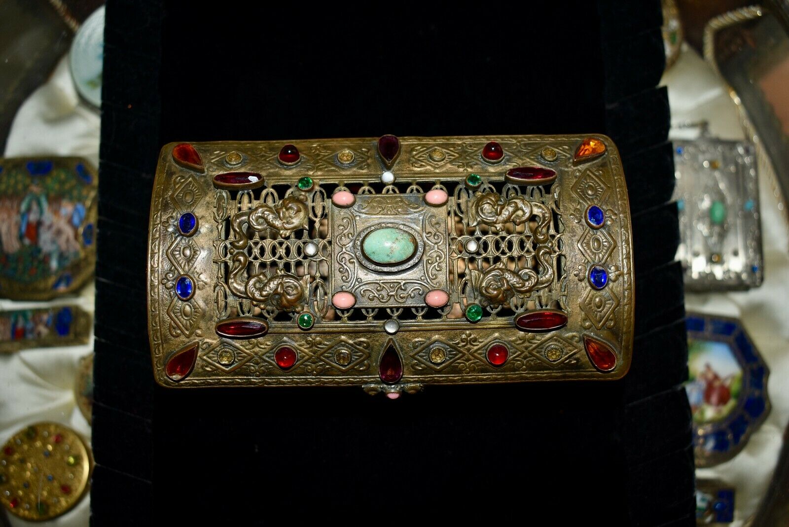 Gorgeous!! Antique **la Tausca** Brass Jeweled Ormolu Casket Jewelry Vanity Box