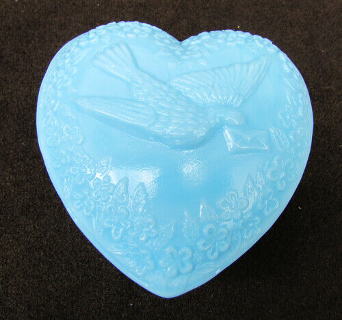 Mosser Blue Milk Glass Heart Shaped Trinket Box Dove With Letter