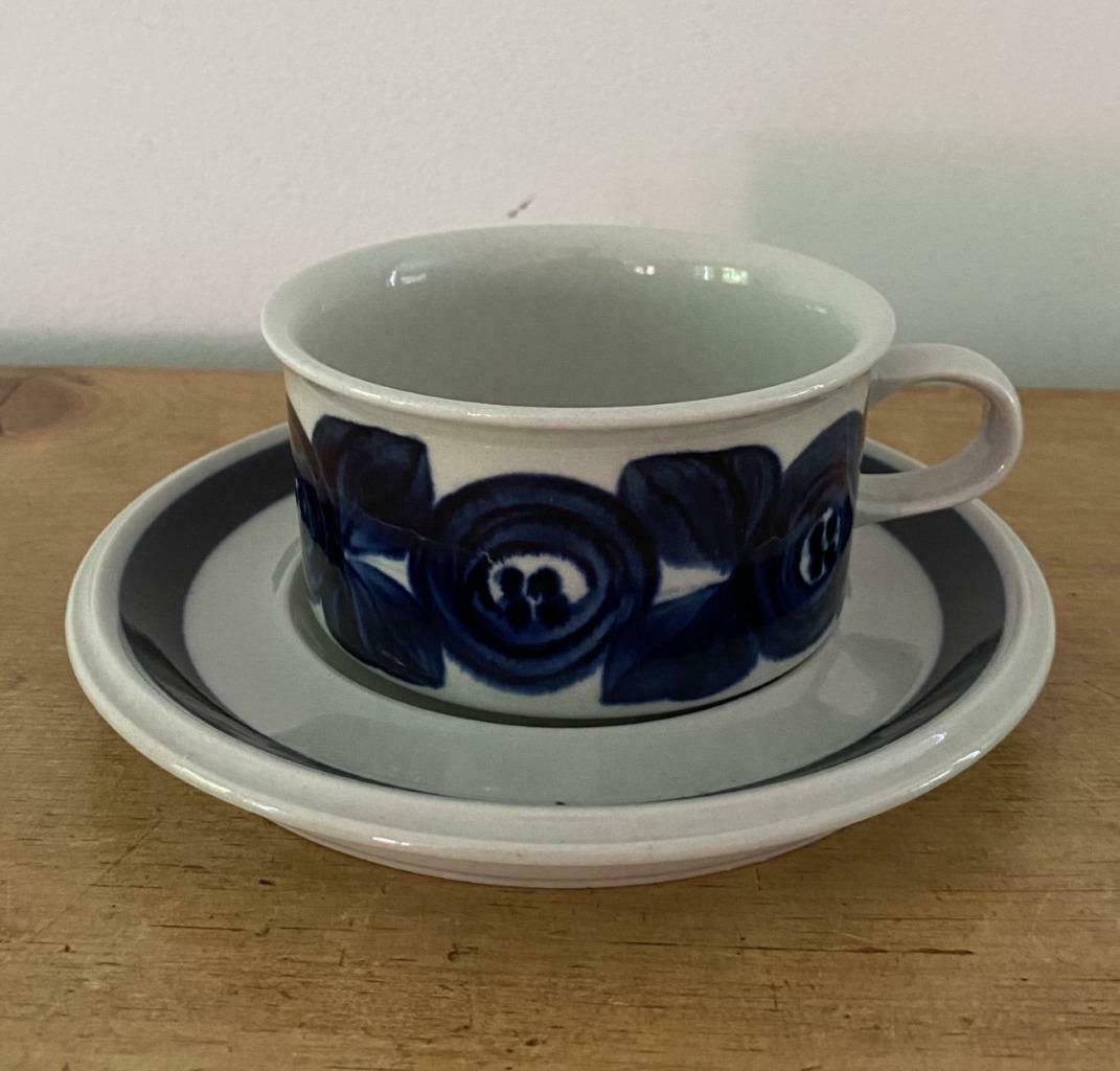 Arabia Finland Ulla Procope Blue Anemone Flat Cup & Saucer Set Excellent Cond